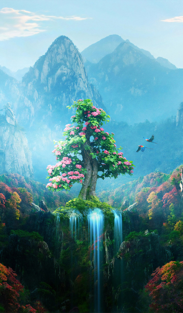 Красивый вид на фантастическое цветущее дерево в горах