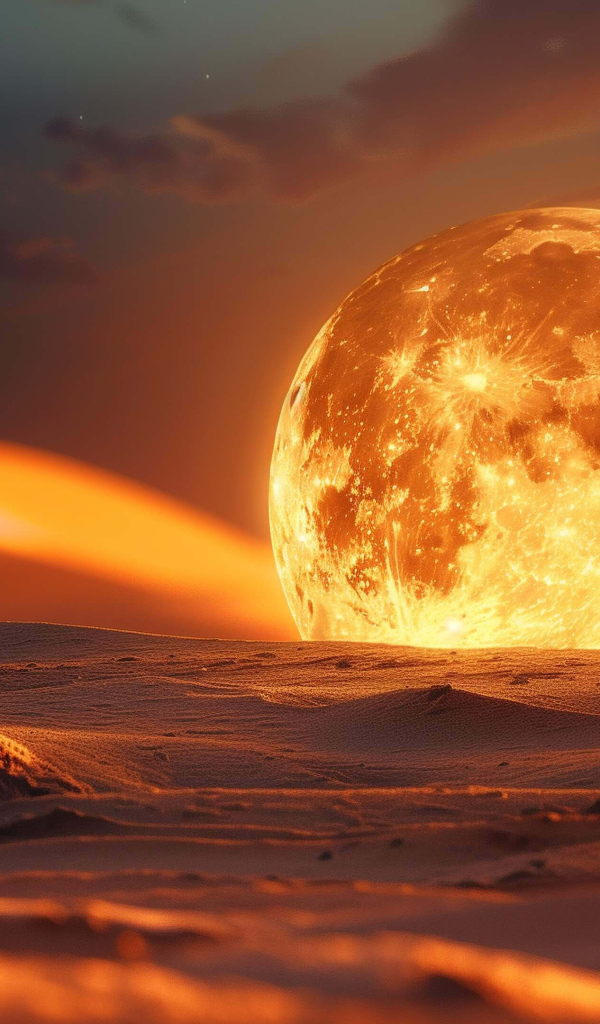 Большая огненная луна на песке