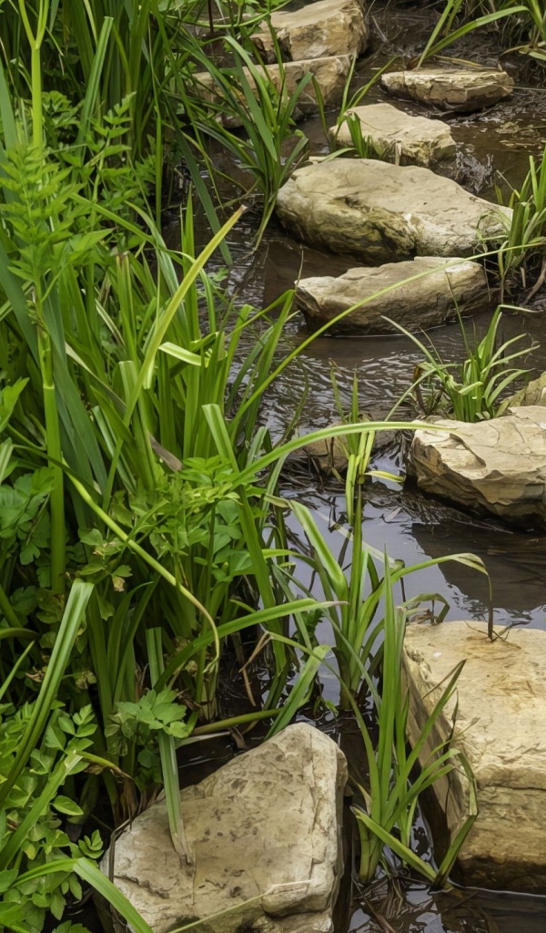 Большие камни в ручье в зеленой траве