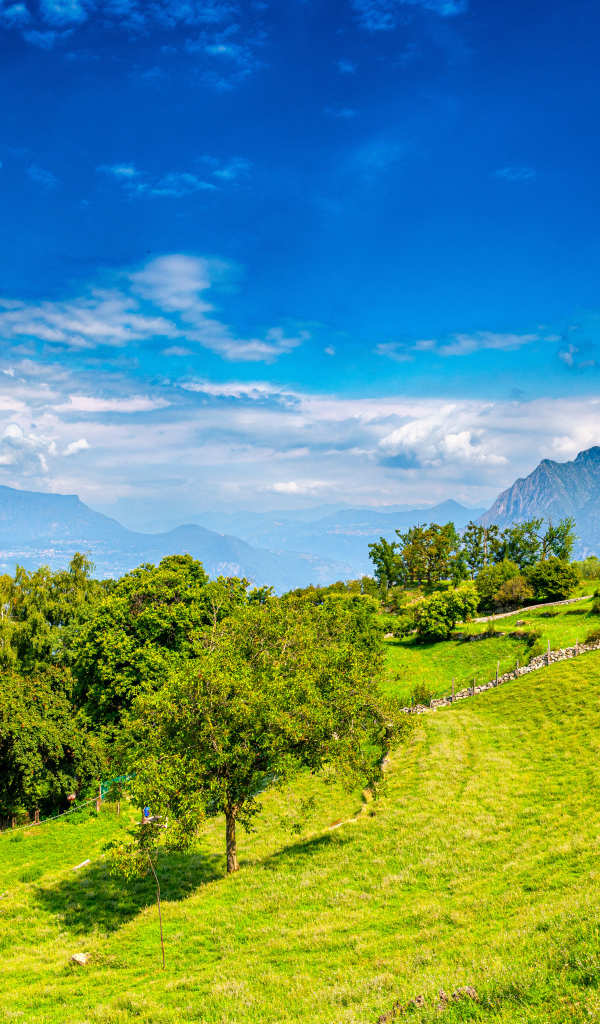 Голубое небо над зелеными холмами и горами