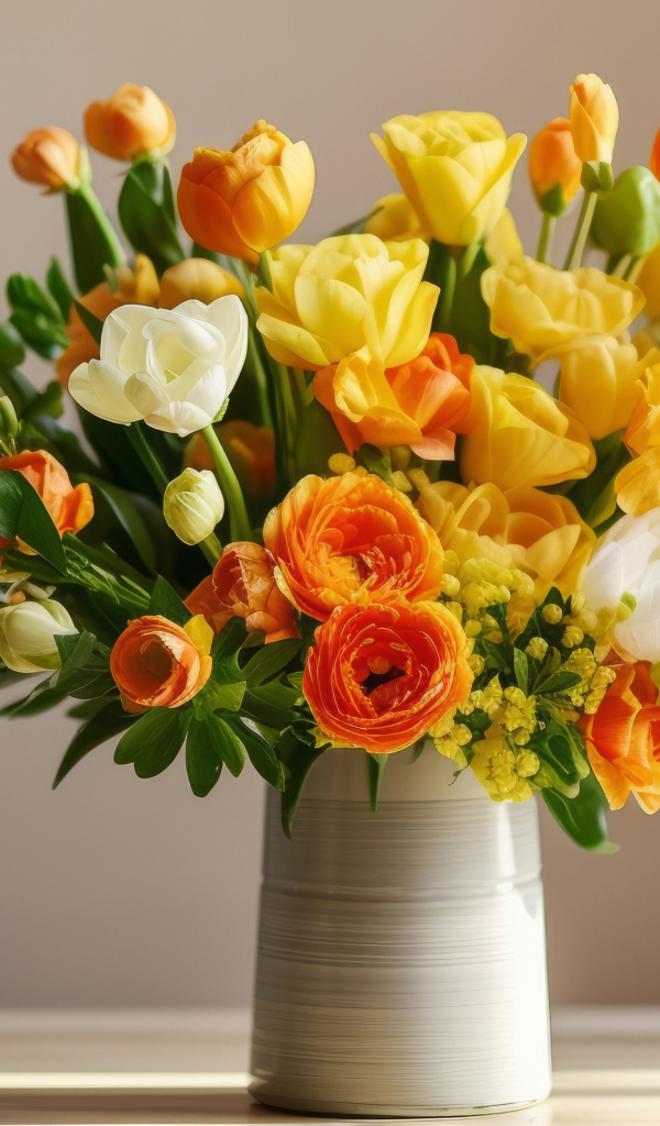 Букет красивых весенних цветов в вазе на столе