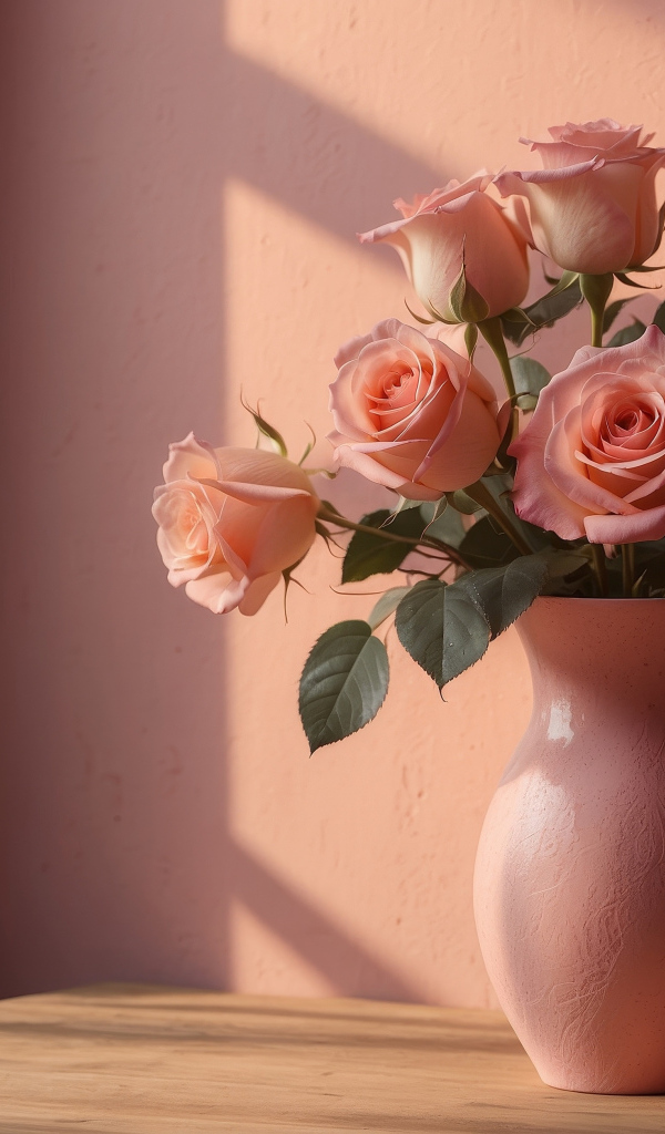 Букет нежных розовых роз в вазе у стены в лучах солнца