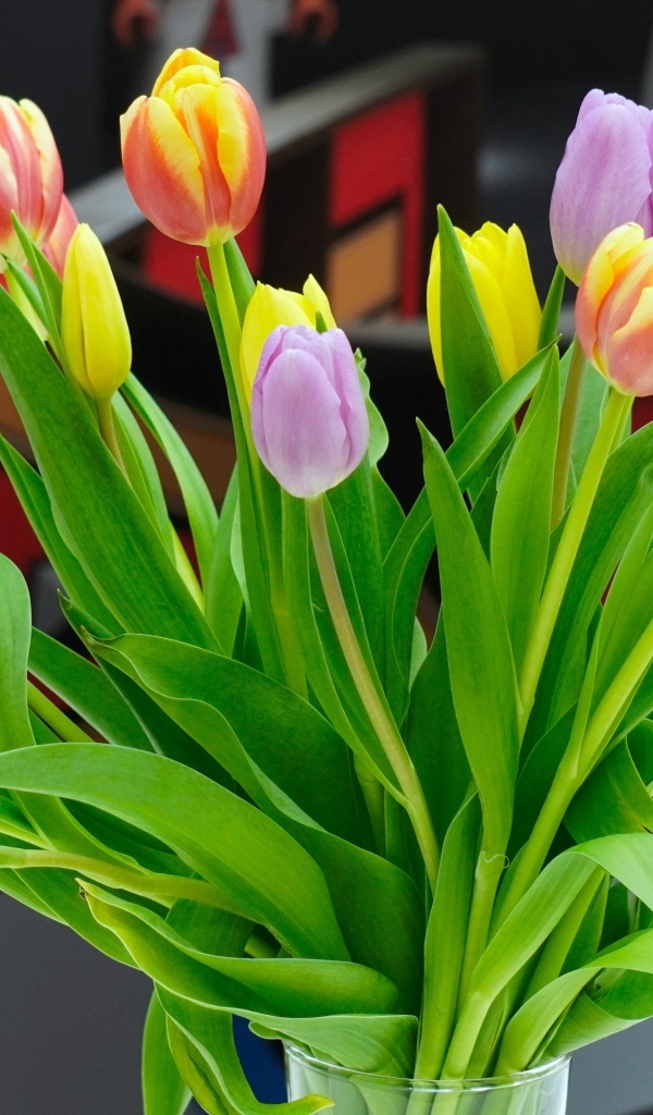Букет красивых разноцветных тюльпанов в стеклянной вазе