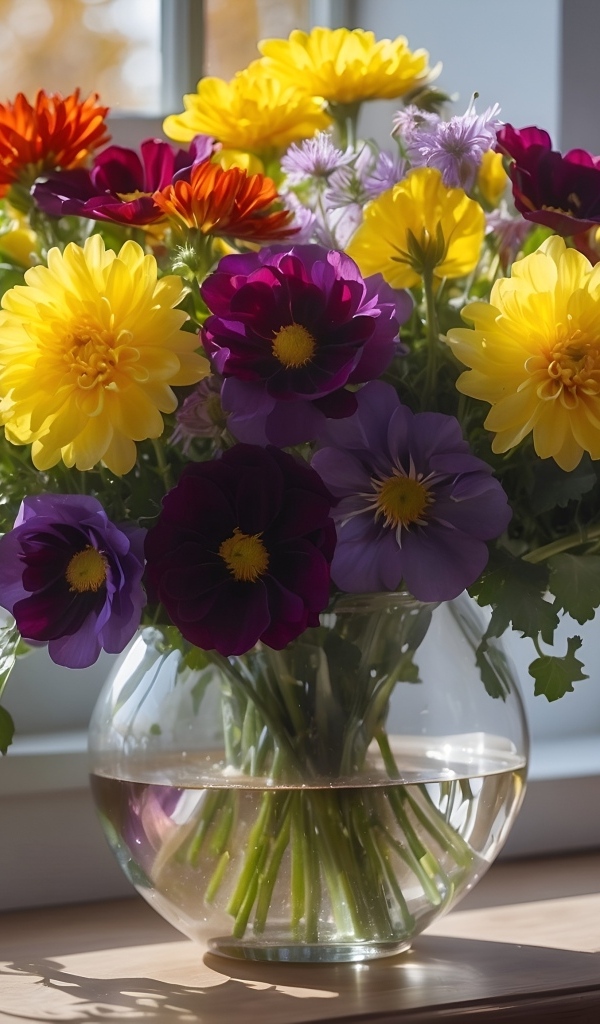 Букет разноцветных цветов в вазе на окне