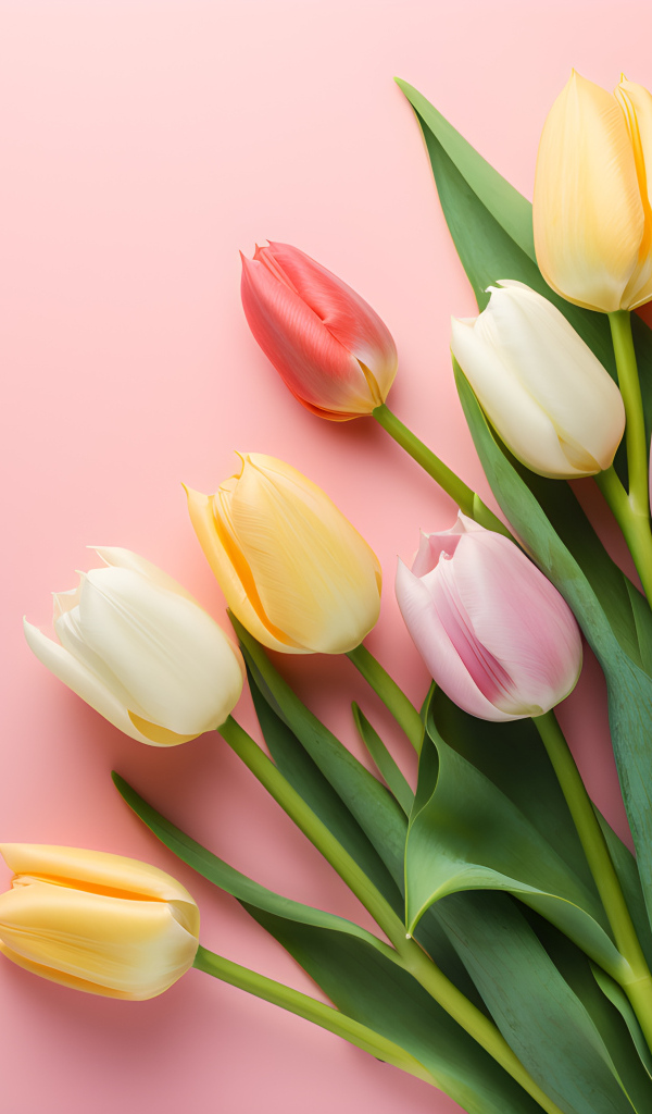 Букет нежных свежих тюльпанов на розовом фоне