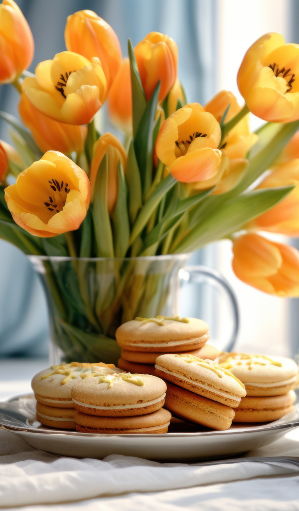 Букет оранжевых тюльпанов с печеньем на столе