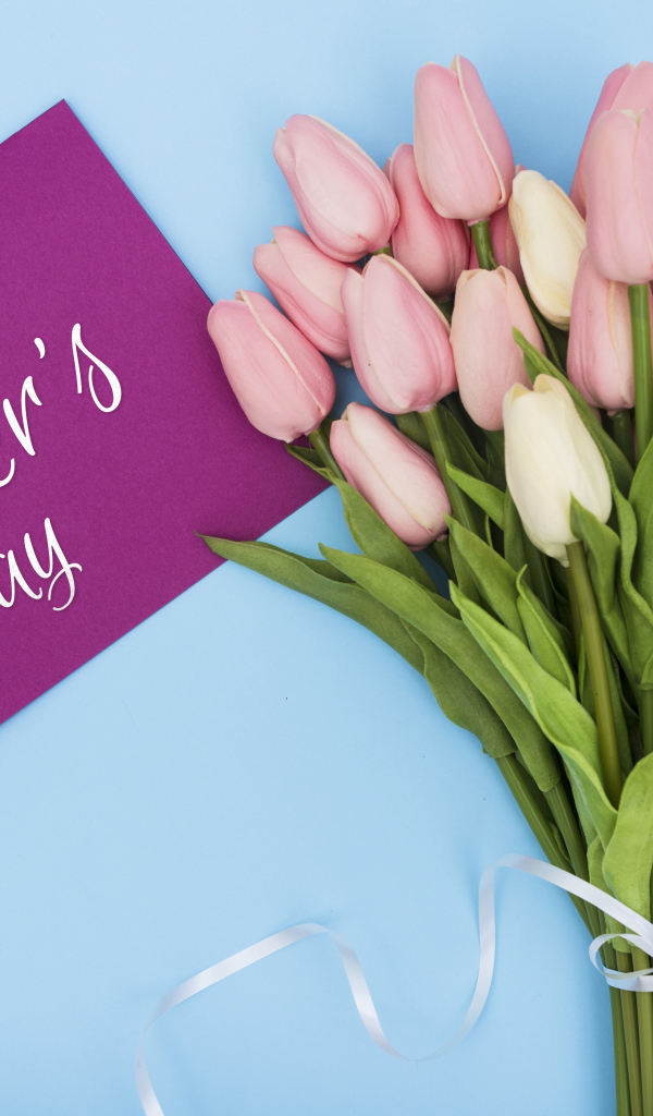 Букет розовых тюльпанов на голубом фоне на день матери 