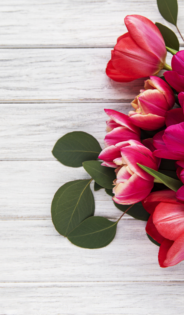 Букет розовых тюльпанов с подарком и зелеными листьями на белом столе