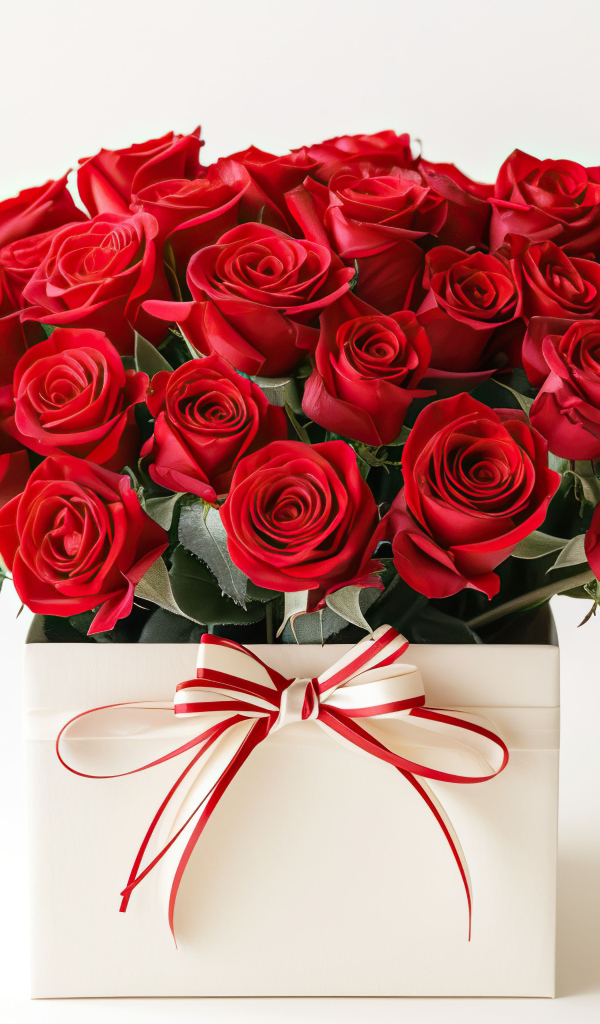 Букет красных роз в коробке на белом фоне