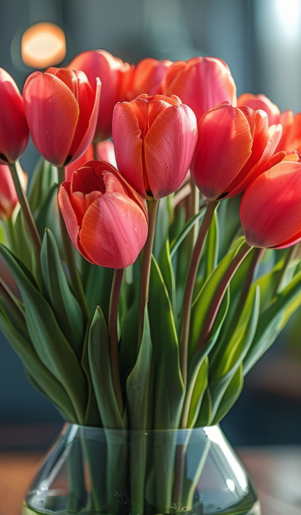 Букет красных тюльпанов в стеклянной прозрачной вазе на столе