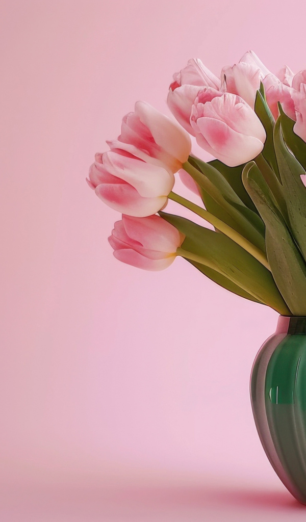 Букет тюльпанов зеленой вазе на розовом фоне
