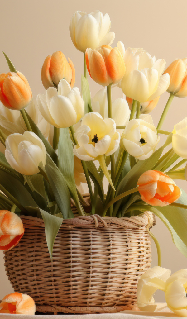Букет белых и оранжевых тюльпанов в корзине