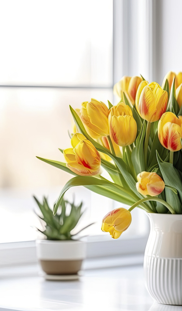 Букет желтых тюльпанов в вазе у окна