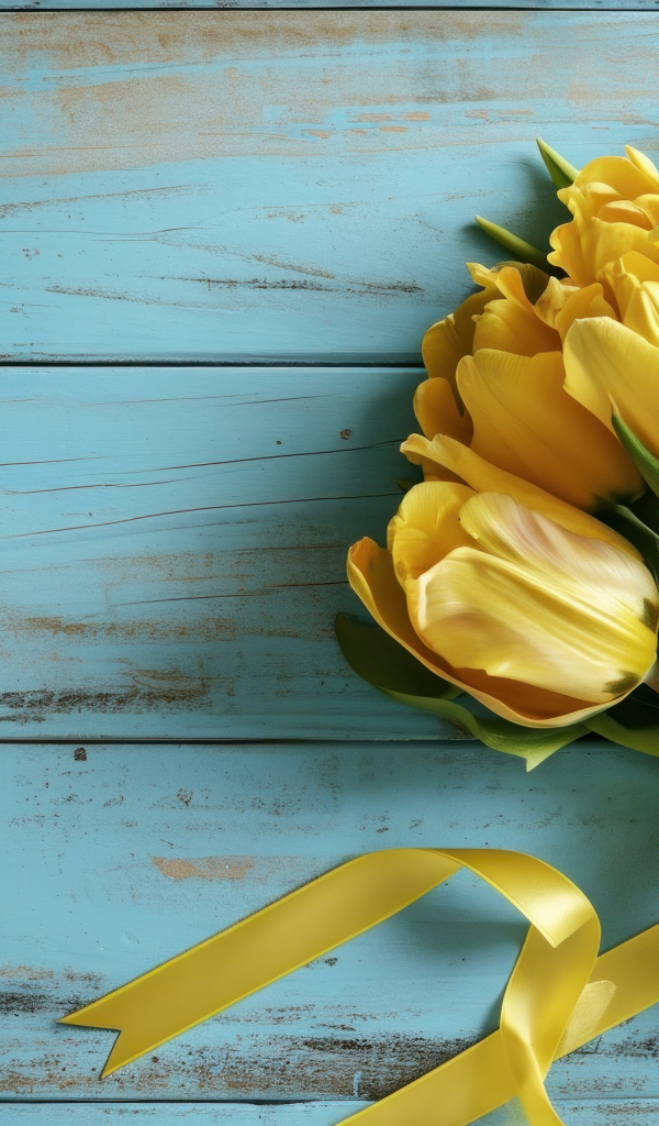 Букет желтых тюльпанов с лентой на голубом столе