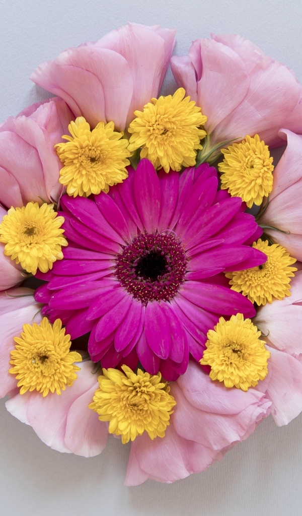 Круг из нежных цветов на сером фоне