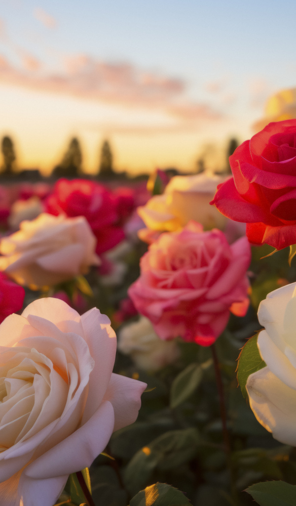 Нежные разноцветные розы в лучах солнца на закате