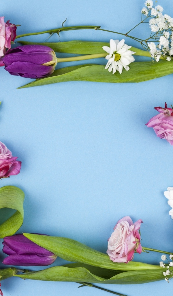 Рамка из разных цветов на голубом фоне