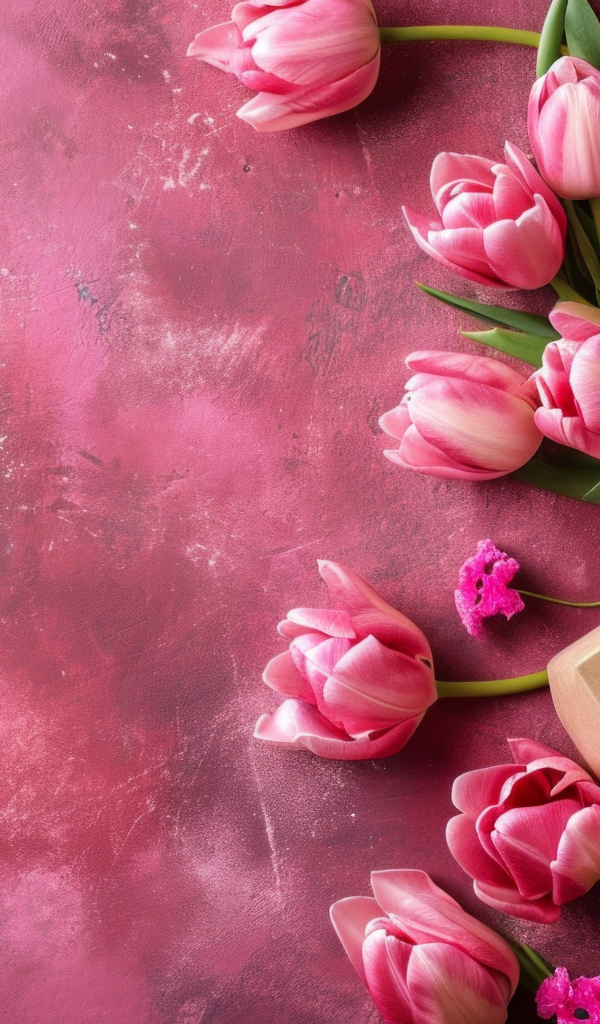 Подарок и красивый букет тюльпанов на необычном розовом фоне