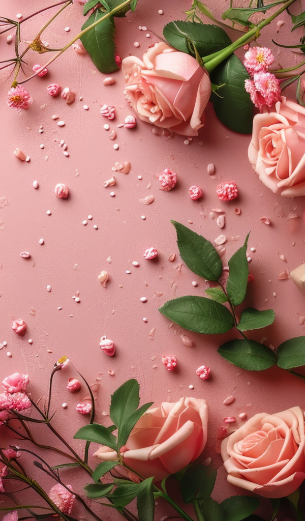 Подарок с розами на розовом фоне