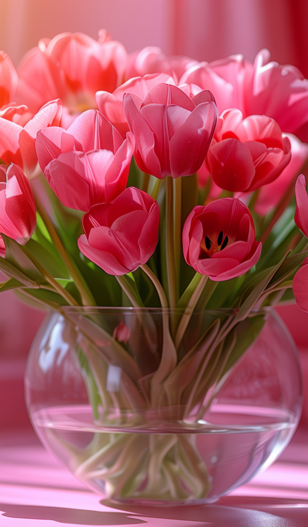 Большой букет розовых тюльпанов в стеклянной вазе