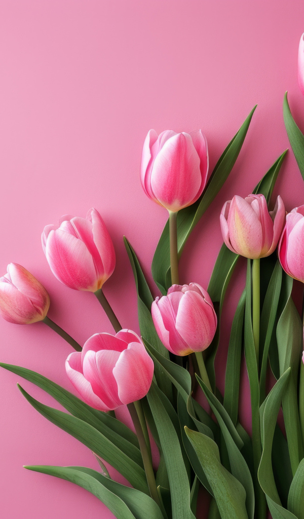 Много красивых весенних тюльпанов на розовом фоне