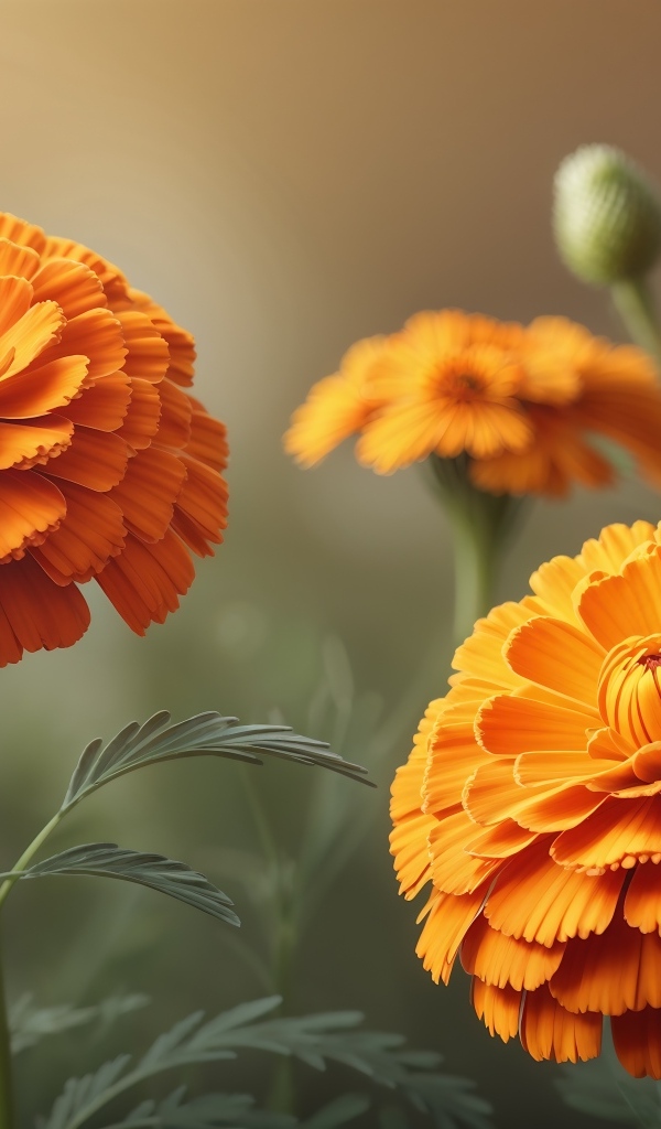 Оранжевые цветы бархатцы в лучах солнца