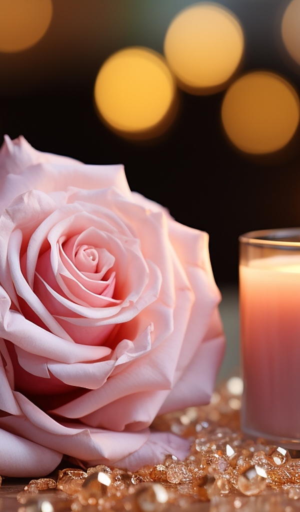 Розовая роза с зажженной свечой и камнями