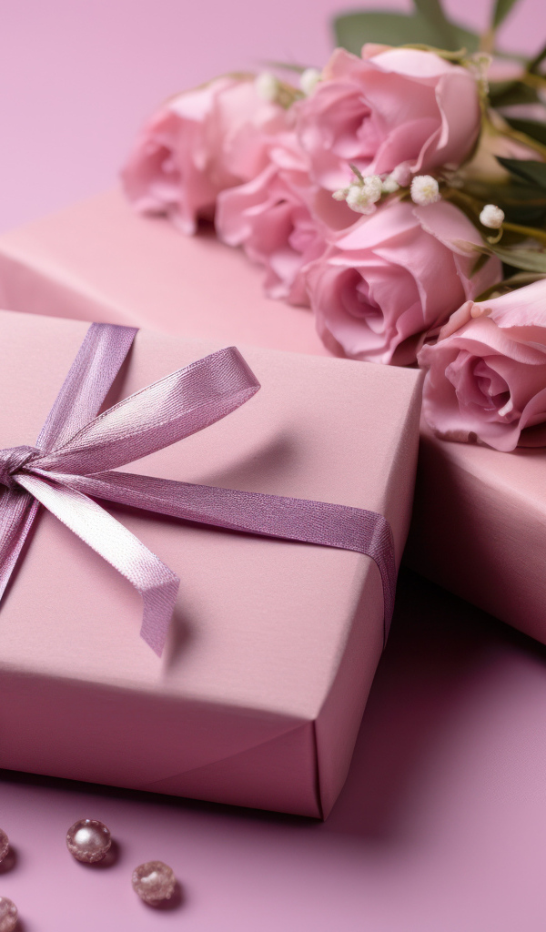Розовые розы с подарками на столе