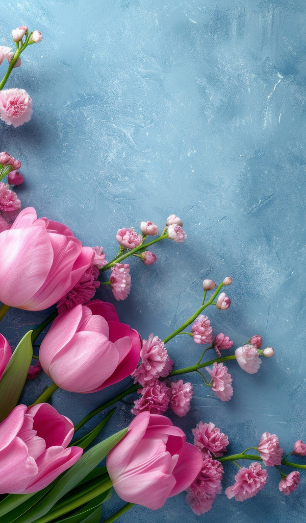Розовые тюльпаны и гипсофила на сером столе