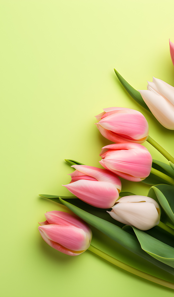 Розовые тюльпаны на зеленом фоне, шаблон 