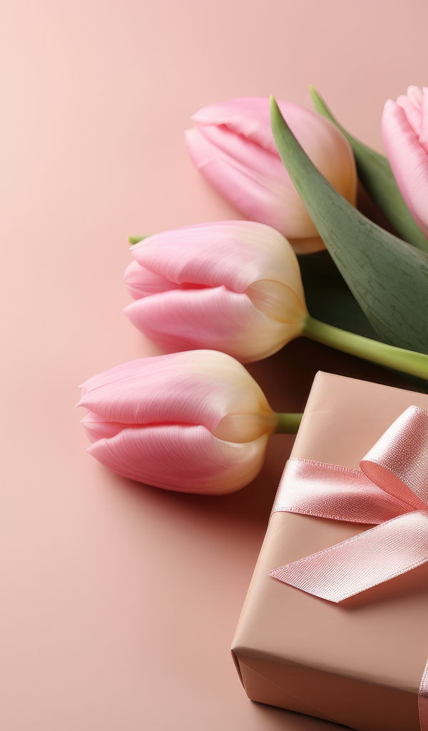Розовые тюльпаны с подарком на столе