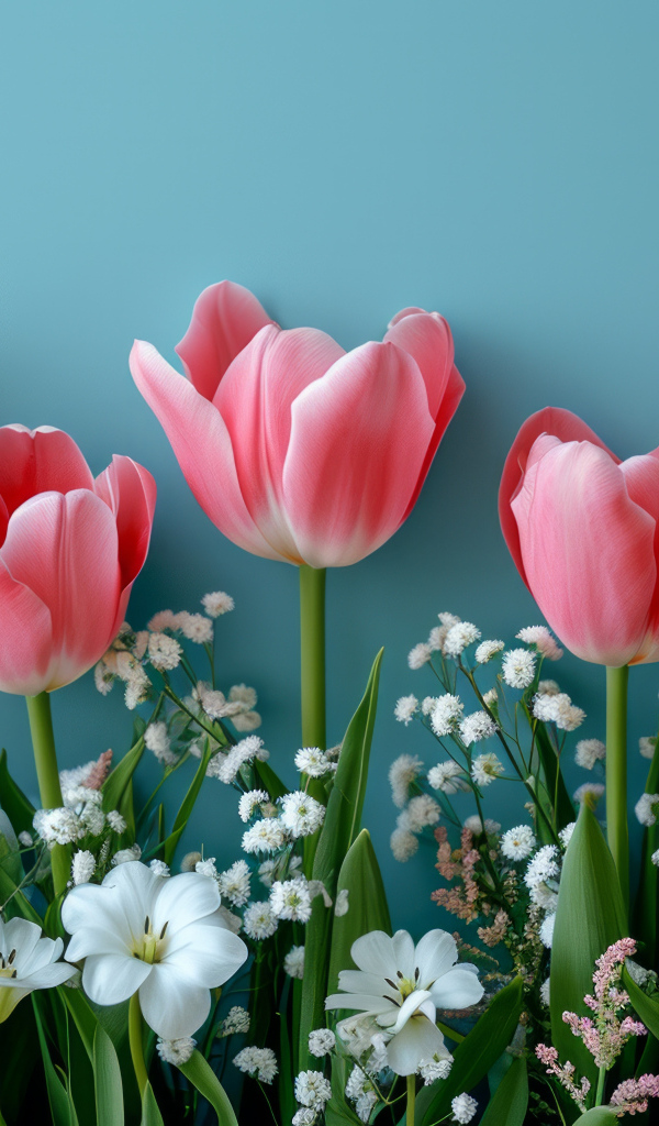 Розовые тюльпаны с белыми цветами на голубом столе
