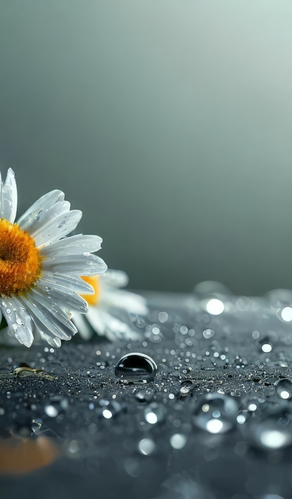 Несколько ромашек лежат на поверхности, покрытой каплями воды