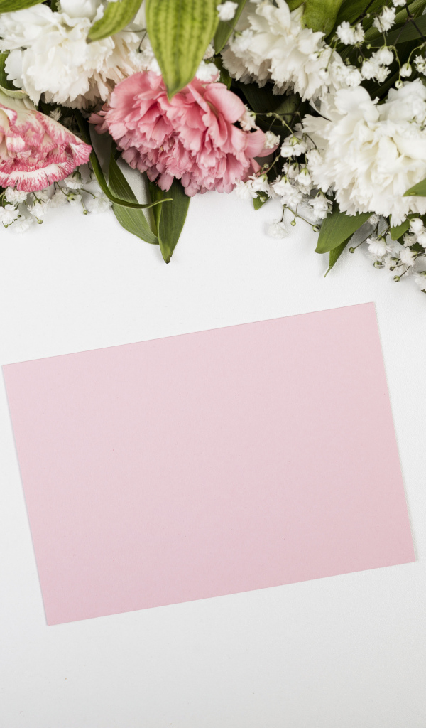 Лист бумаги с цветами гвоздики на сером фоне, шаблон для открытки