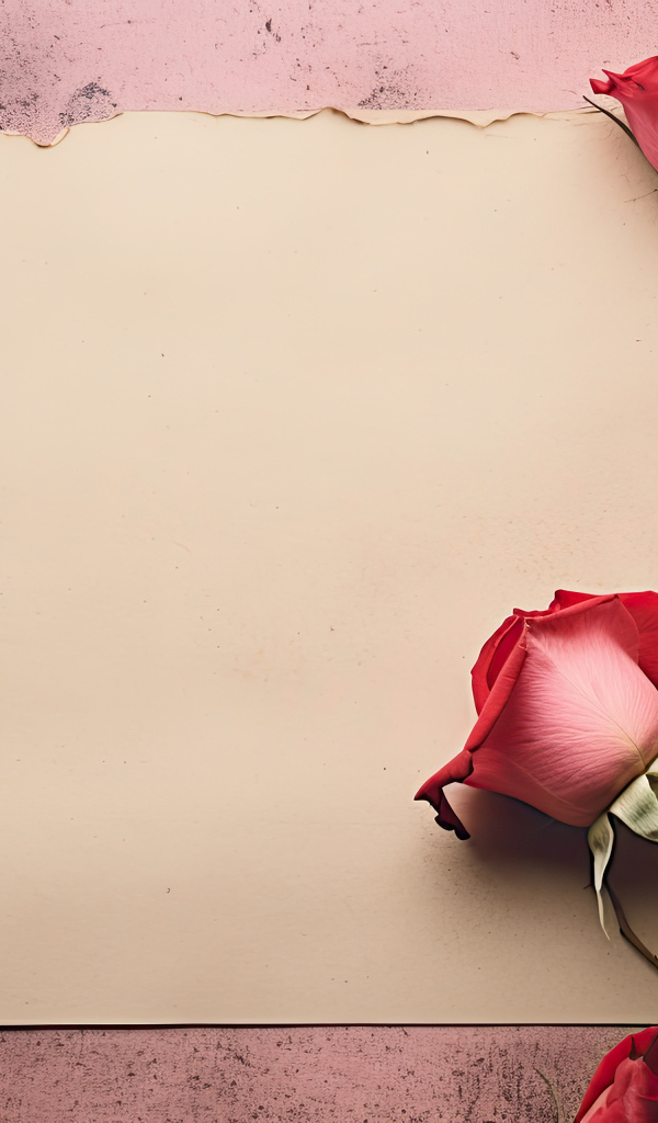 Лист бумаги  с красными розами, шаблон открытки