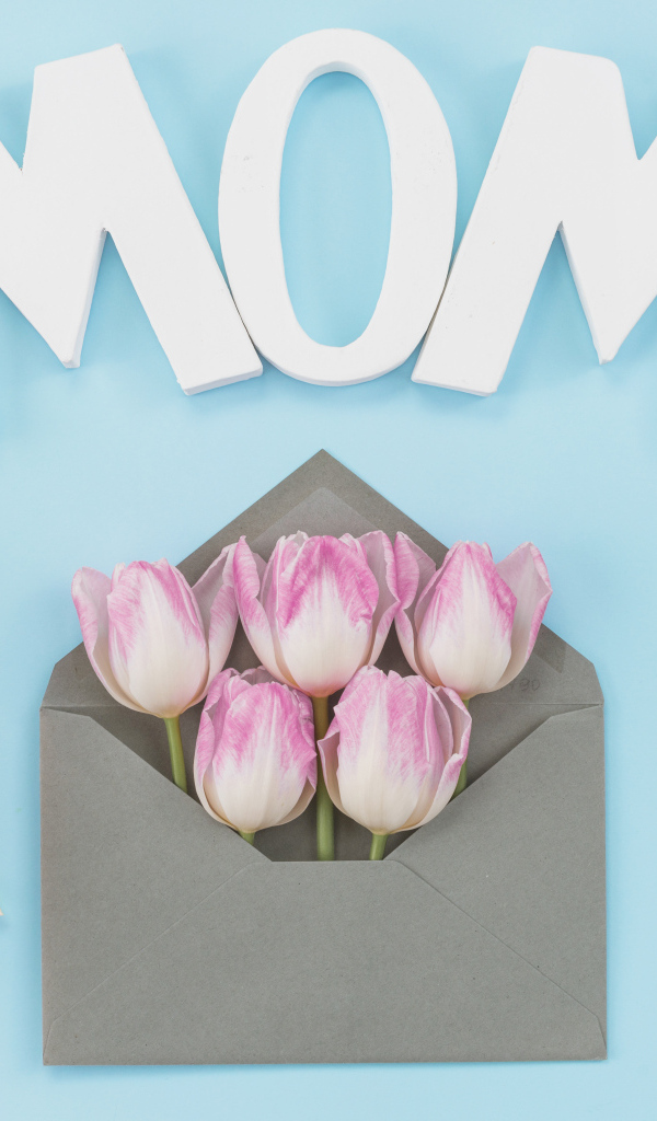 Тюльпаны в конверте на голубом фоне для мамы