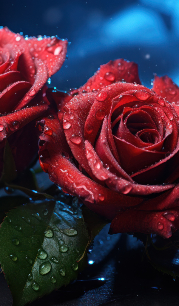 Две красные розы на черной поверхности под дождем