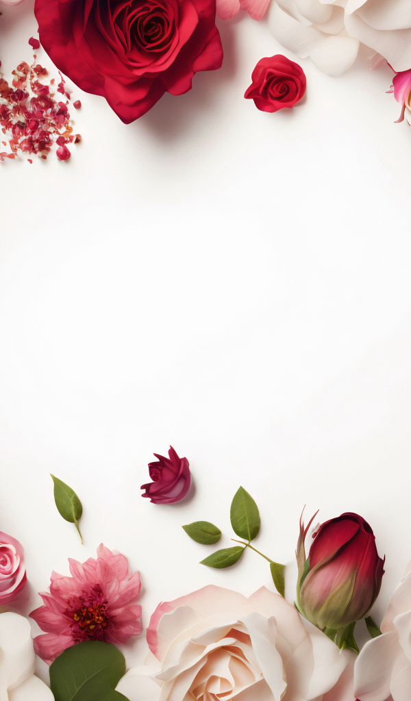 Белый фон с сорванными цветами розы