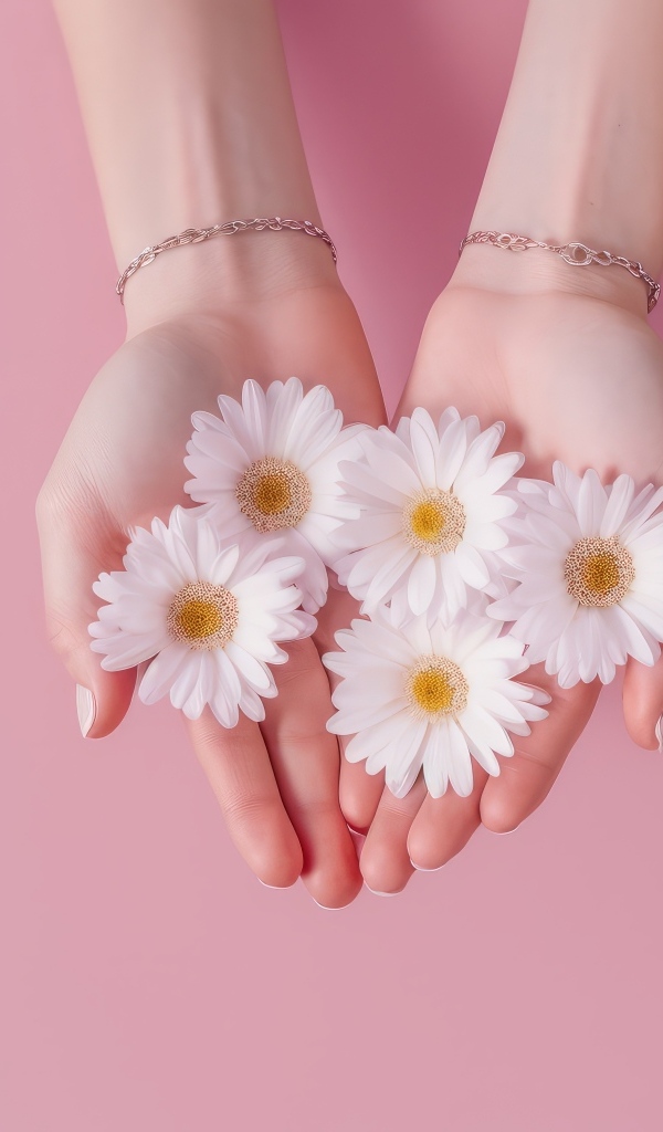 Белые цветы ромашки в ладонях на розовом фоне