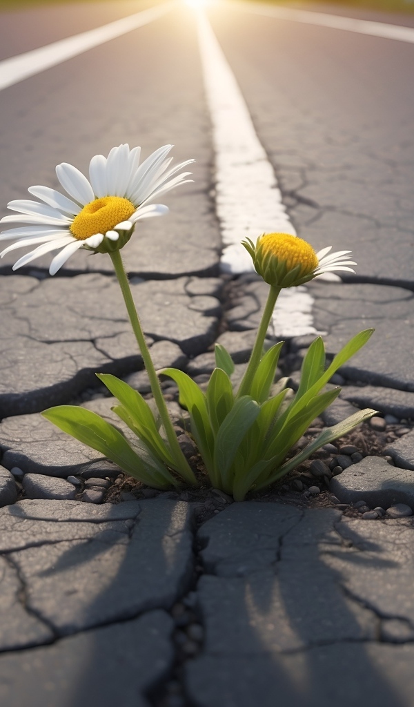 Белые цветы ромашки пробиваются на асфальте