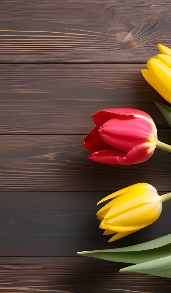 Желтые и розовые тюльпаны на деревянном столе