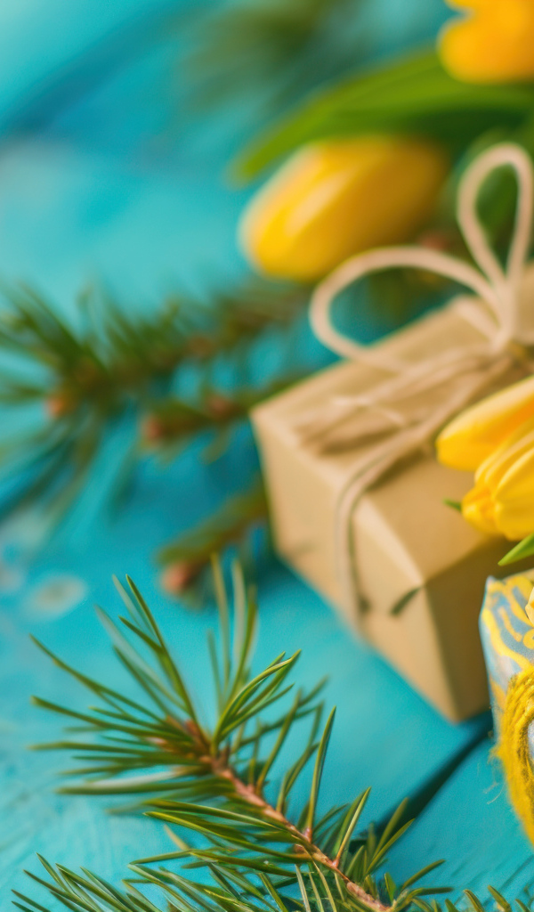 Желтые тюльпаны, еловые ветки и подарки на голубом столе