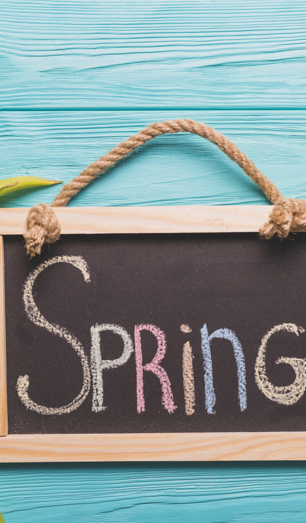 Желтых тюльпаны на голубом фоне с рамкой с надписью весна