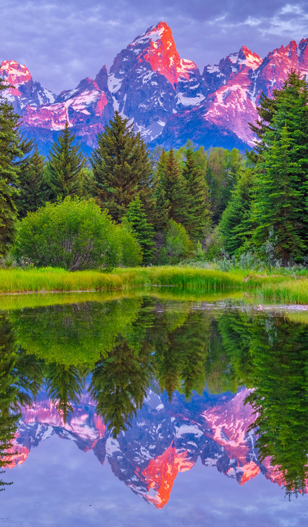 Красивый горный пейзаж в лучах солнца отражается в воде