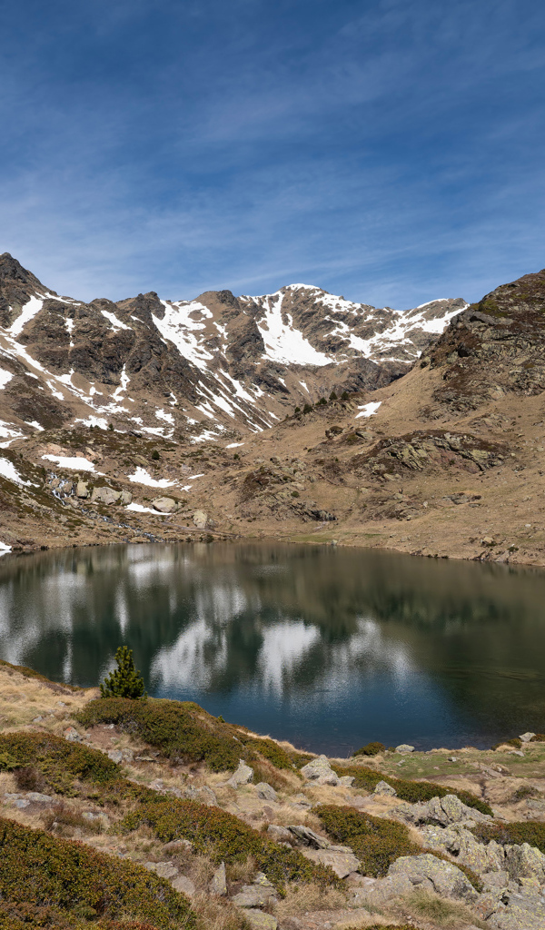 Озеро в горах Андорры под голубым небом