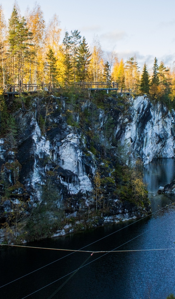 Вид на утес покрытый деревьями у воды