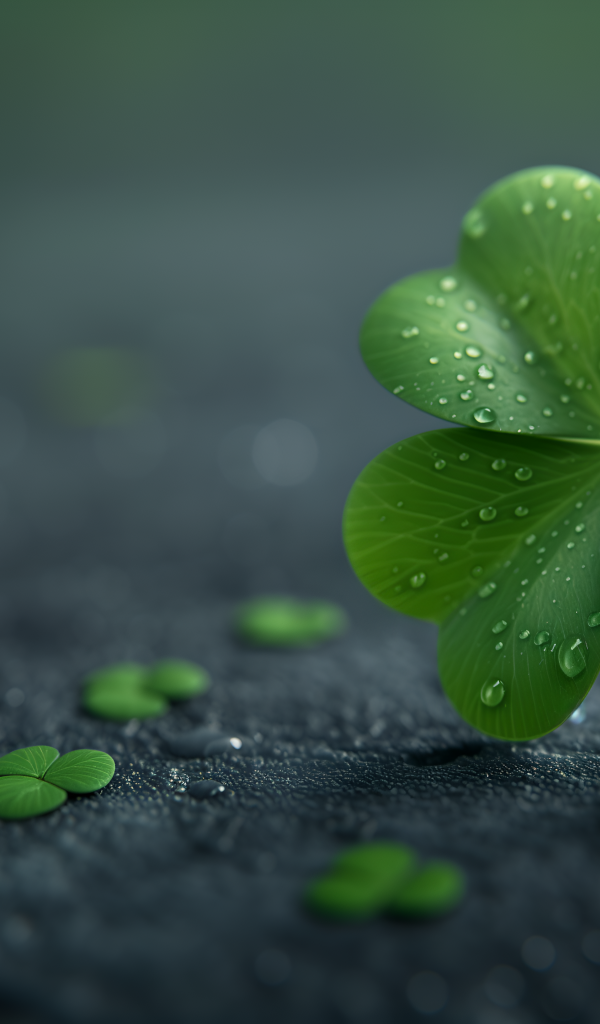 Зеленый лист клевера в каплях росы на асфальте