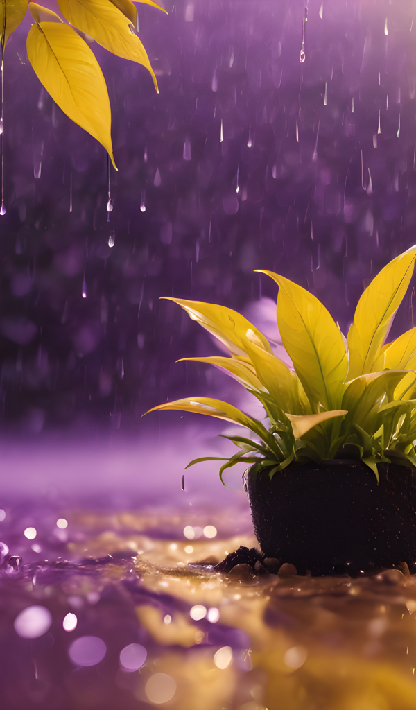 Зеленое растение стоит под дождем