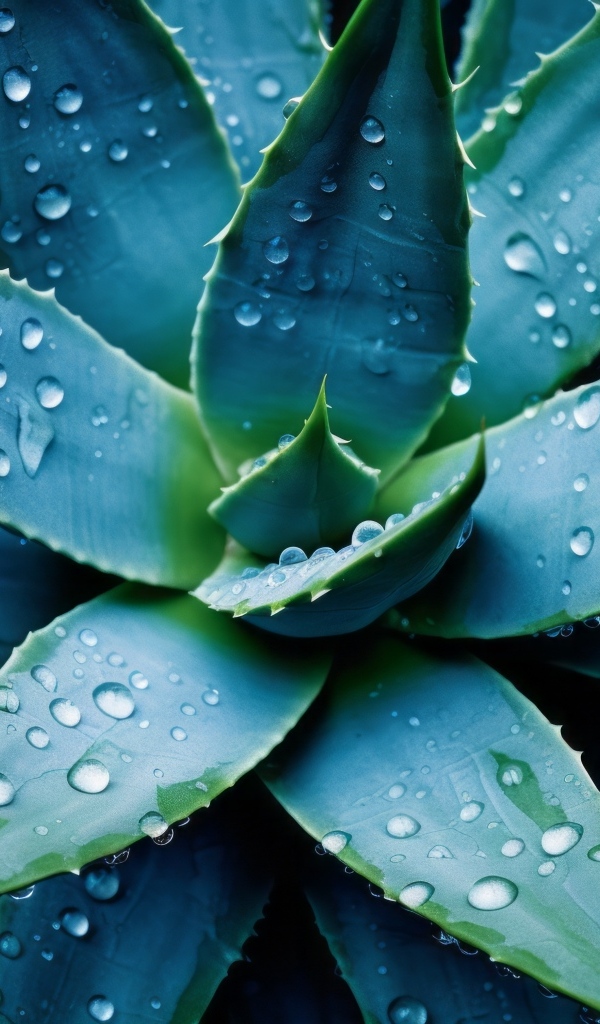 Большое зеленое алоэ в каплях воды