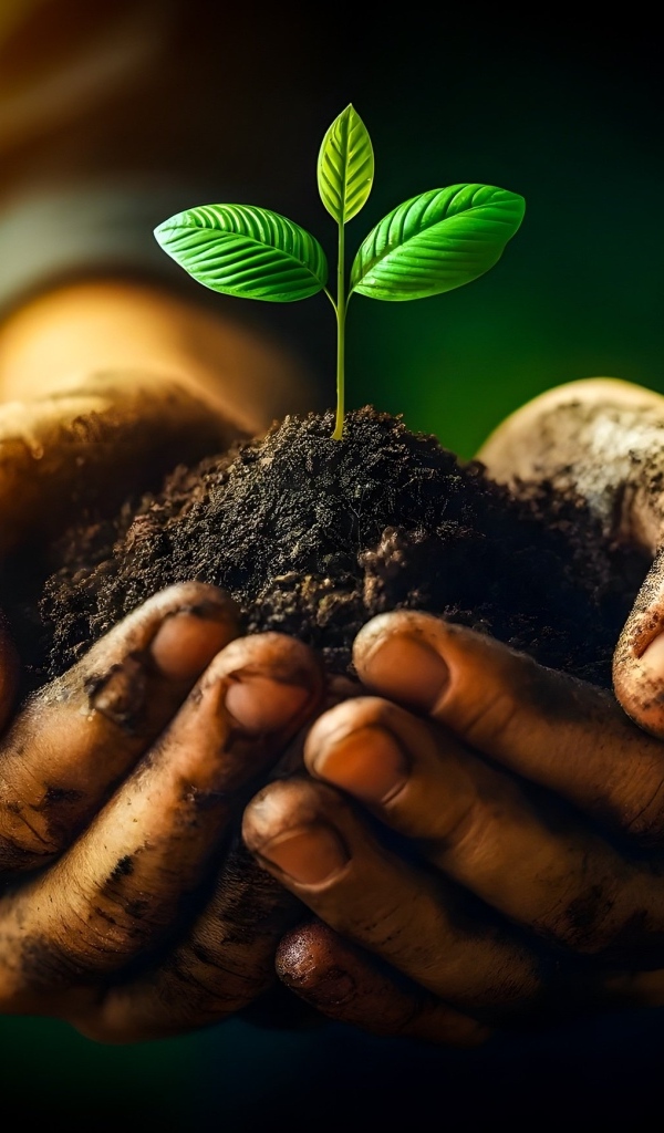 Росток в земле в ладонях мужчины